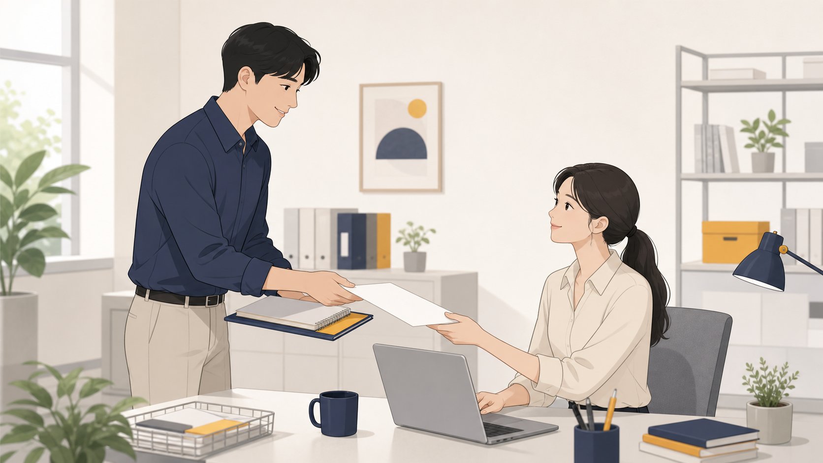 사무실에서 동료에게 진행 중인 업무를 짧은 메모와 함께 넘기며 인수인계하는 차분한 장면