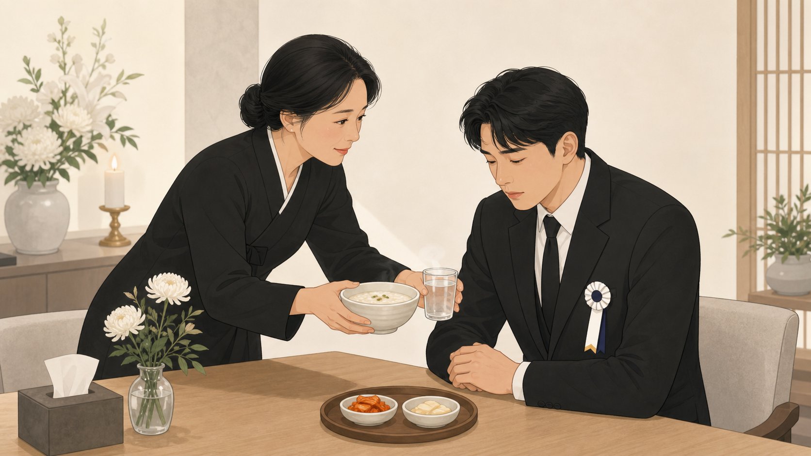빈소 휴게실 탁자에서 가족이 상주에게 따뜻한 죽과 물을 건네며 챙기는 장면