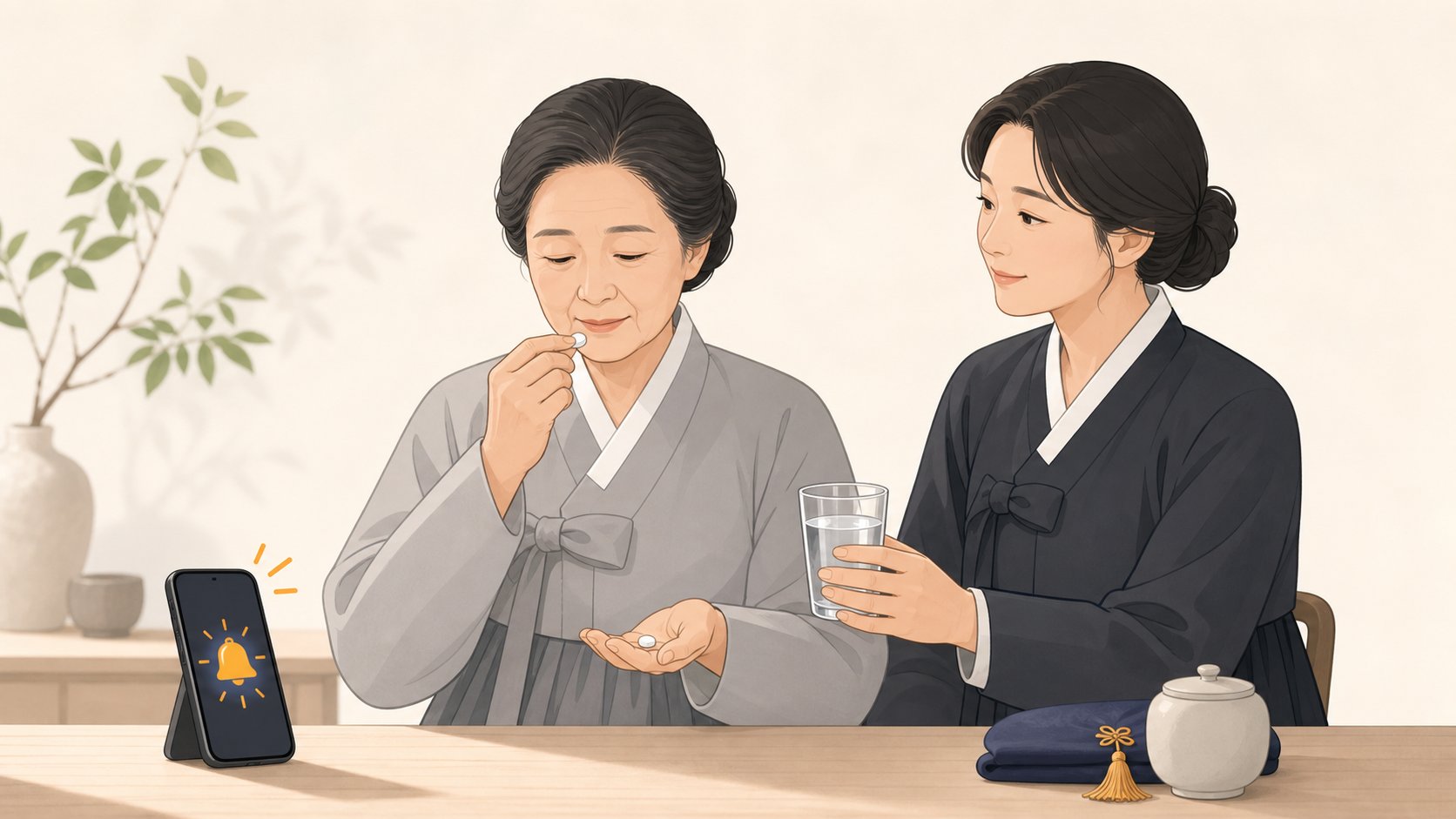 상주가 휴대폰 알람에 맞춰 상비약을 챙겨 먹고 곁에서 가족이 물을 건네며 살피는 차분한 장면