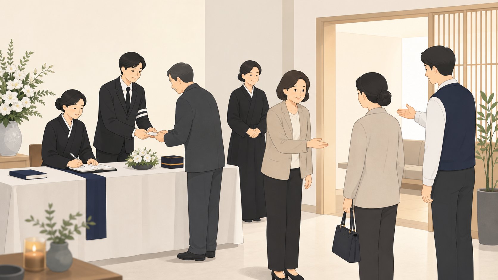 친척과 도우미가 접객과 안내를 나눠 맡아 상주의 부담을 덜어 주는 빈소 접객실 장면