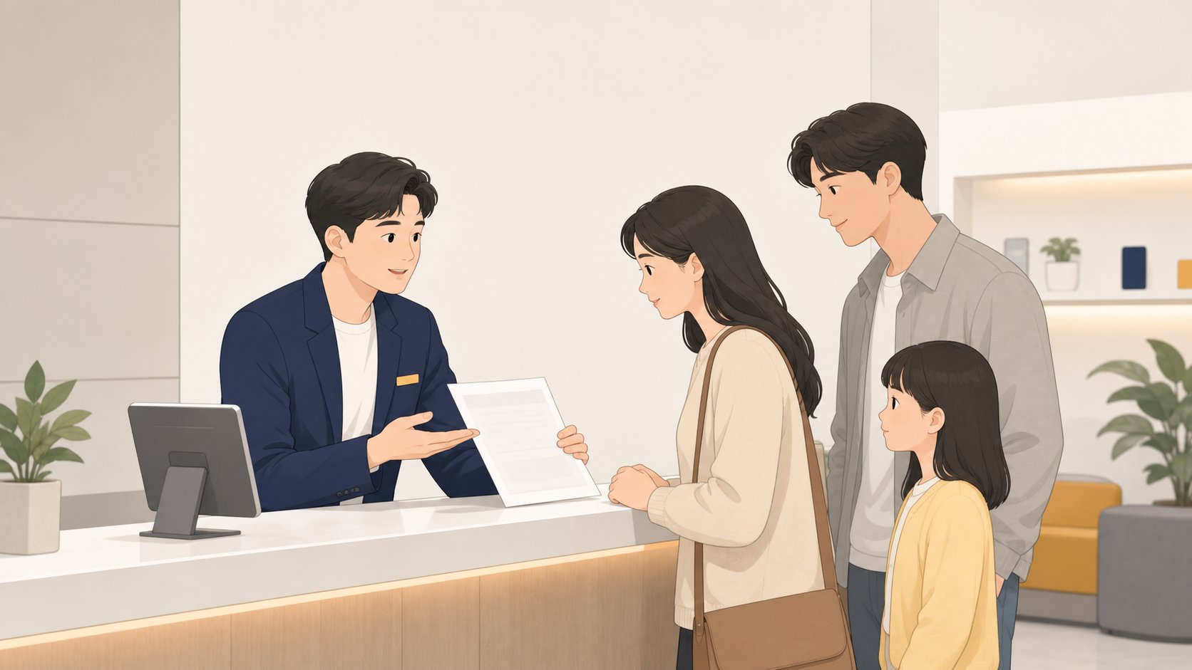 통신사 대리점 창구에서 직원이 가족에게 명의 해지 절차와 필요 서류를 안내하는 차분한 장면