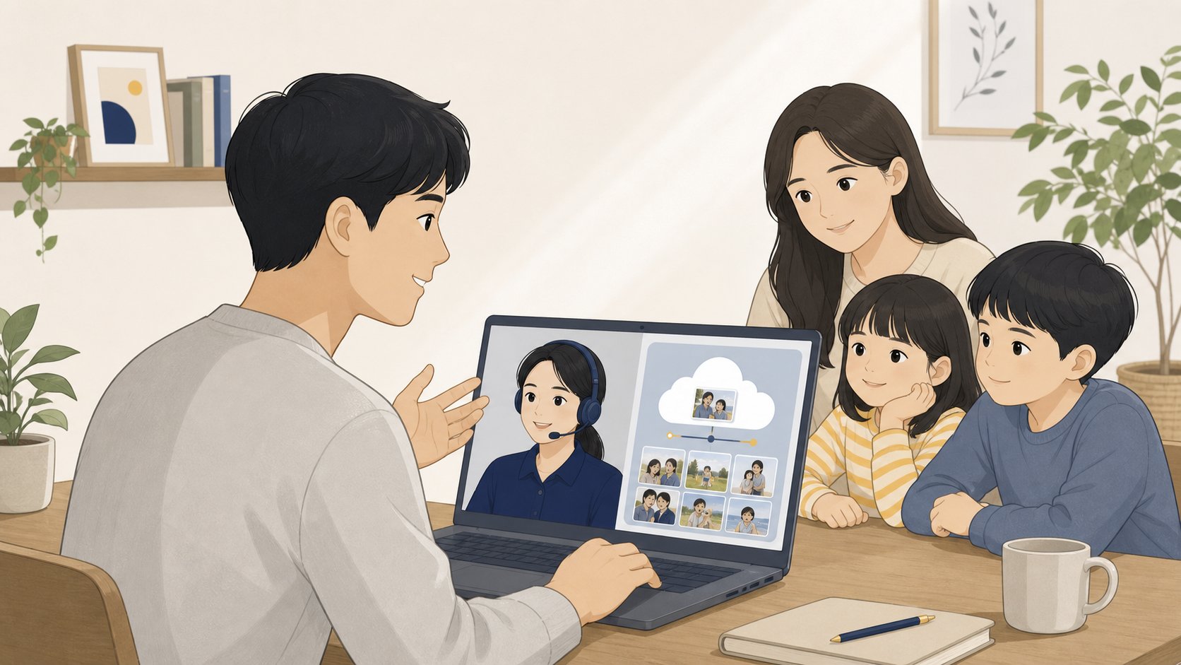 노트북 앞에서 가족이 클라우드에 백업된 사진을 확인하려 서비스 고객센터에 문의하는 차분한 장면