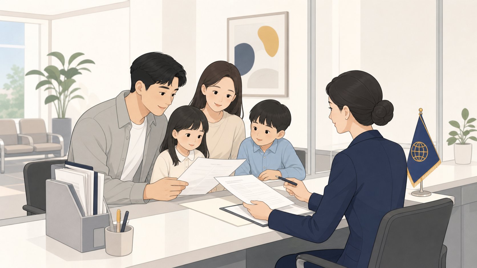 대사관 창구 앞에서 가족이 직원과 서류를 확인하며 상담하는 차분한 장면
