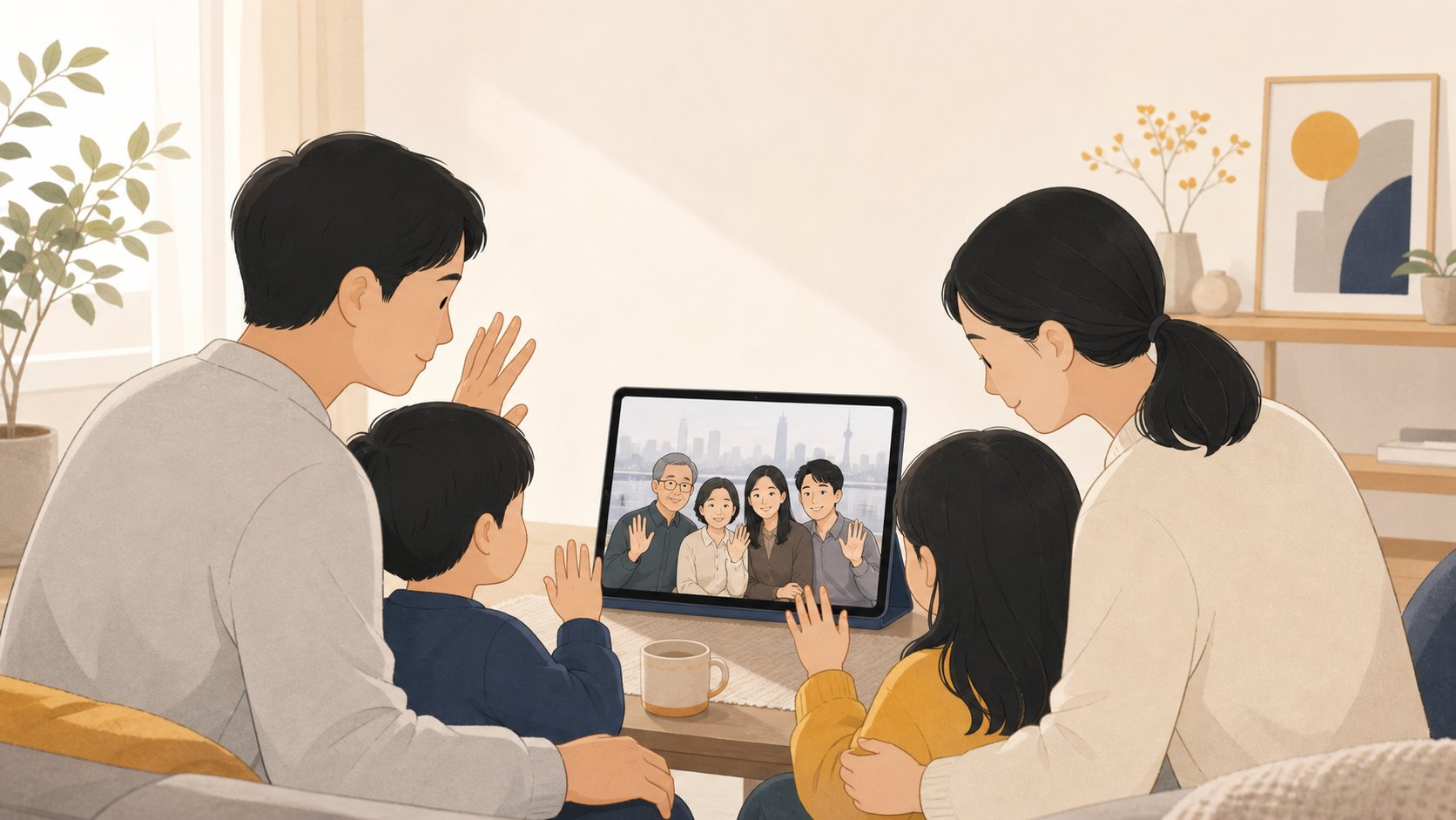 가족이 거실에서 태블릿으로 멀리 있는 본국 가족과 영상통화하며 마지막 인사를 나누는 따뜻한 장면