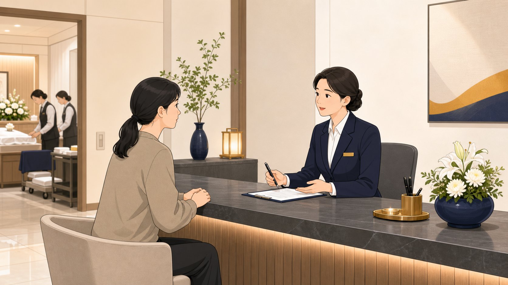 빈소 안내데스크에서 먼저 도착한 형제가 장례지도사와 상의하며 빈소를 준비하는 장면