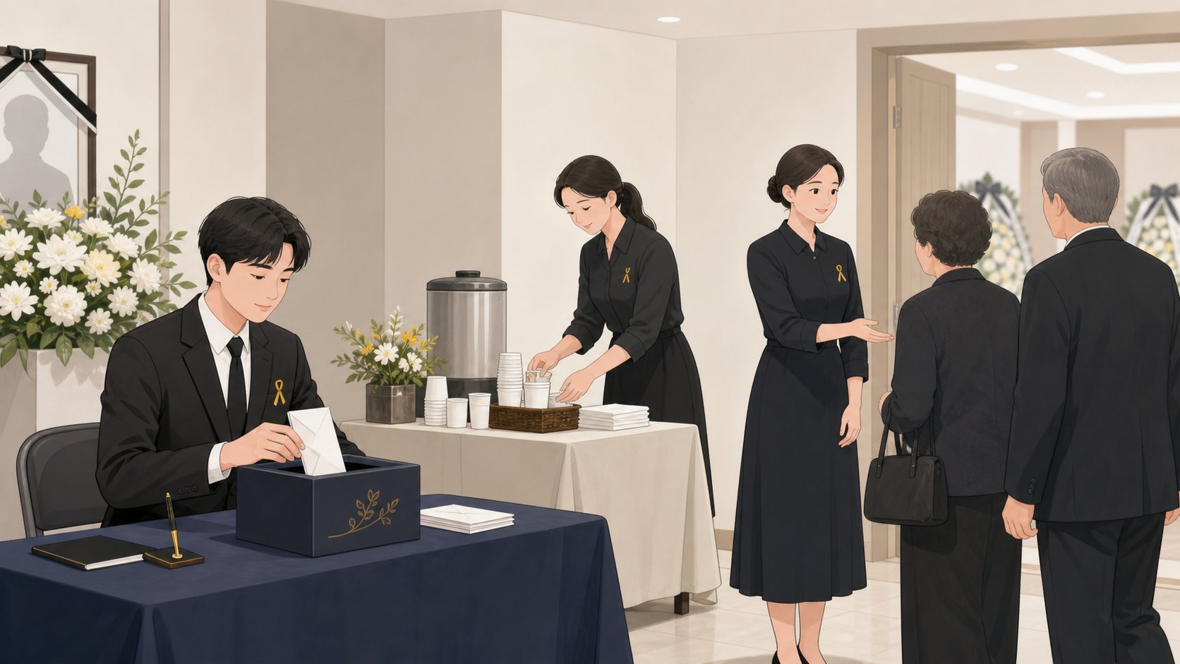 빈소에서 형제들이 각자 부의금 접수, 접객 준비, 조문 응대로 역할을 나눠 분주히 돕는 차분한 장면