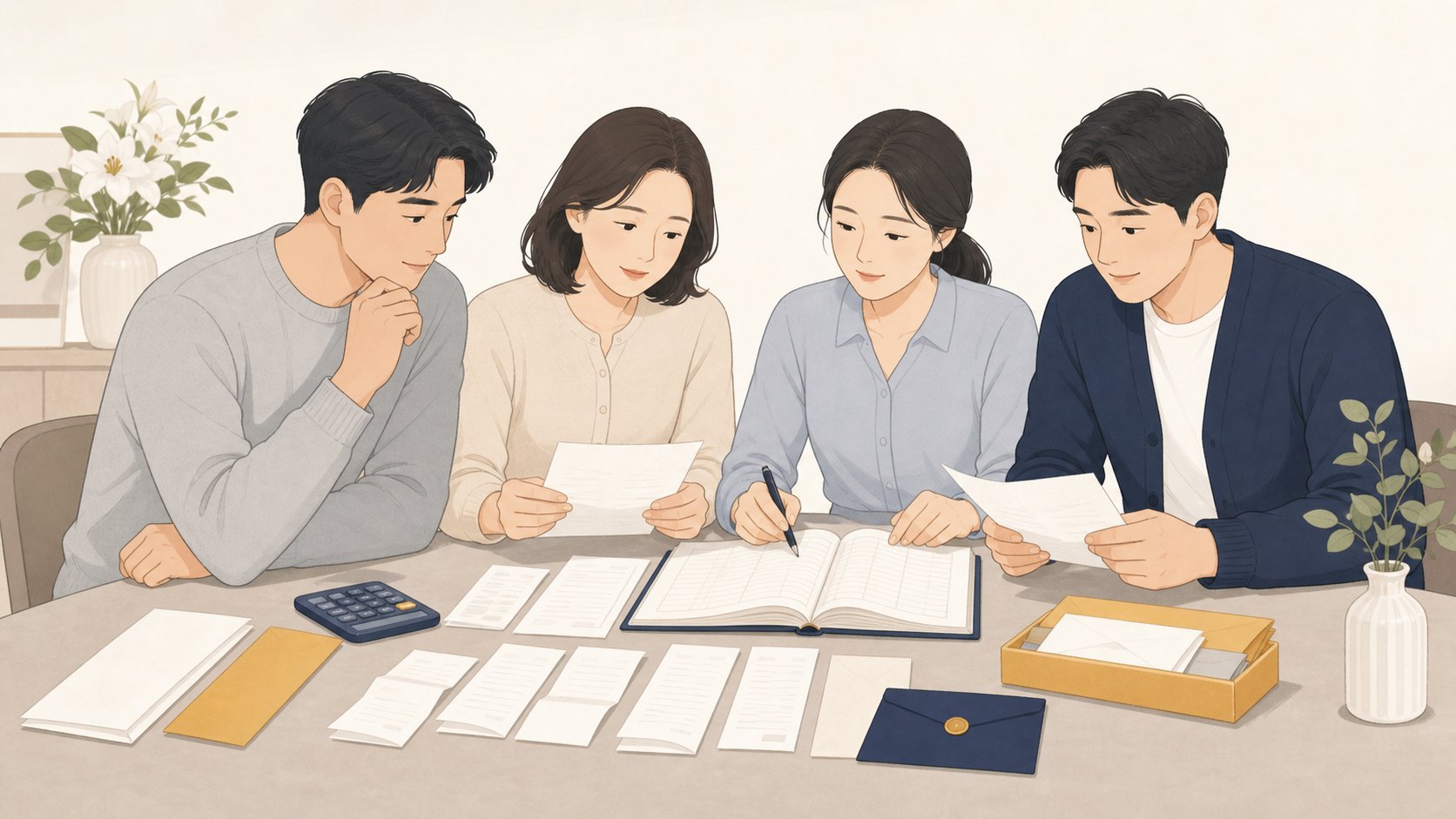 형제가 탁자에 부의록과 영수증을 함께 펼쳐 놓고 차분히 정산 내역을 확인하는 장면