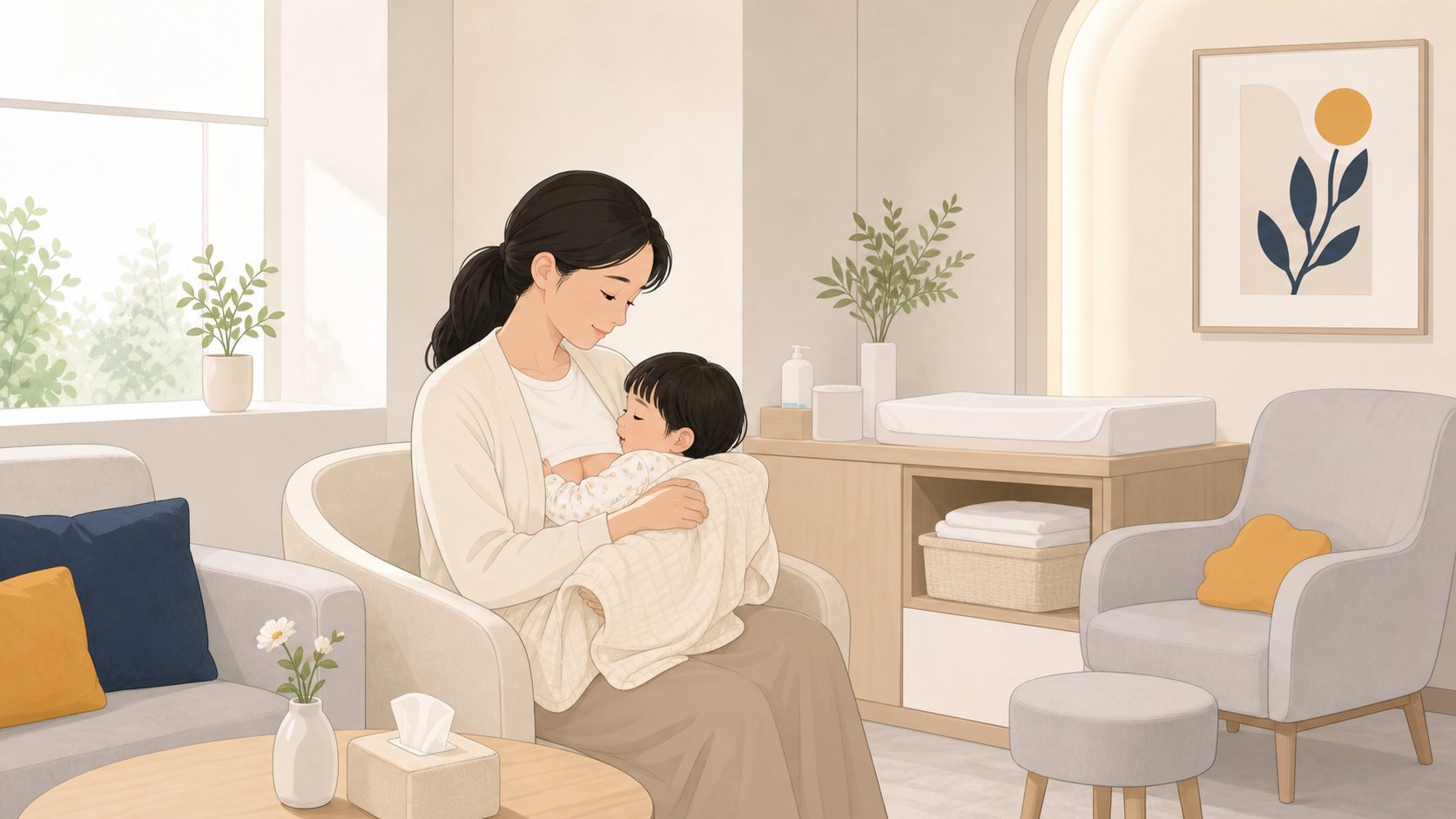 장례식장 유아 휴게 공간에서 부모가 아이를 잠시 돌보는 단정하고 밝은 장면