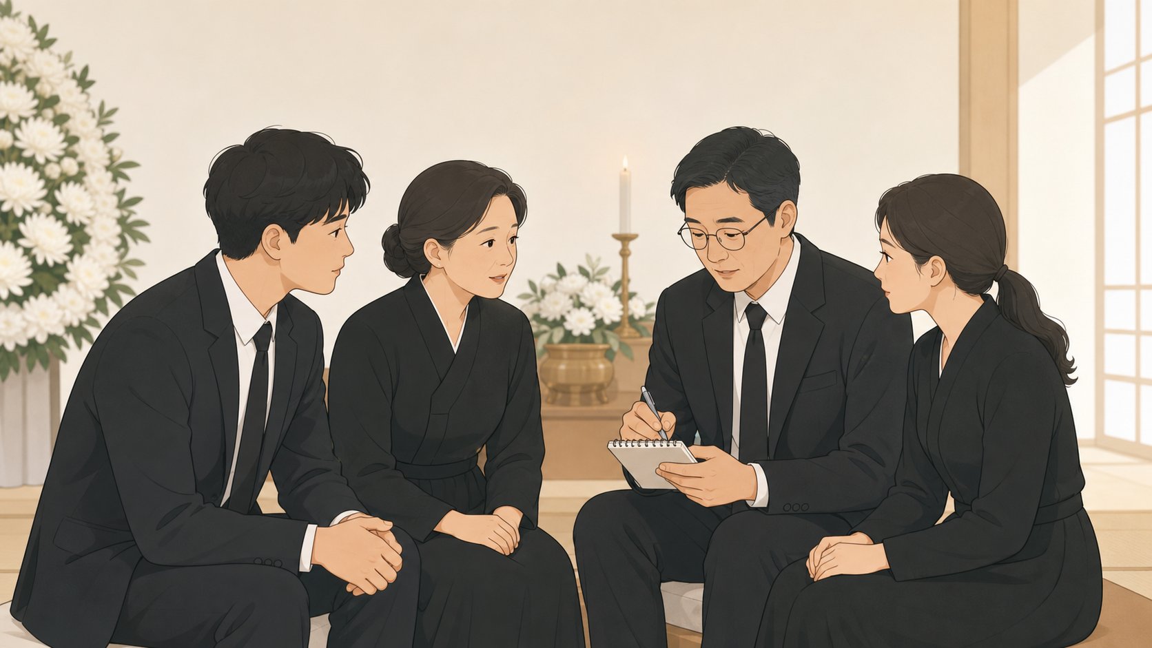 장례를 시작하며 가족이 둘러앉아 부의금을 누가 관리할지 차분히 상의하는 장면