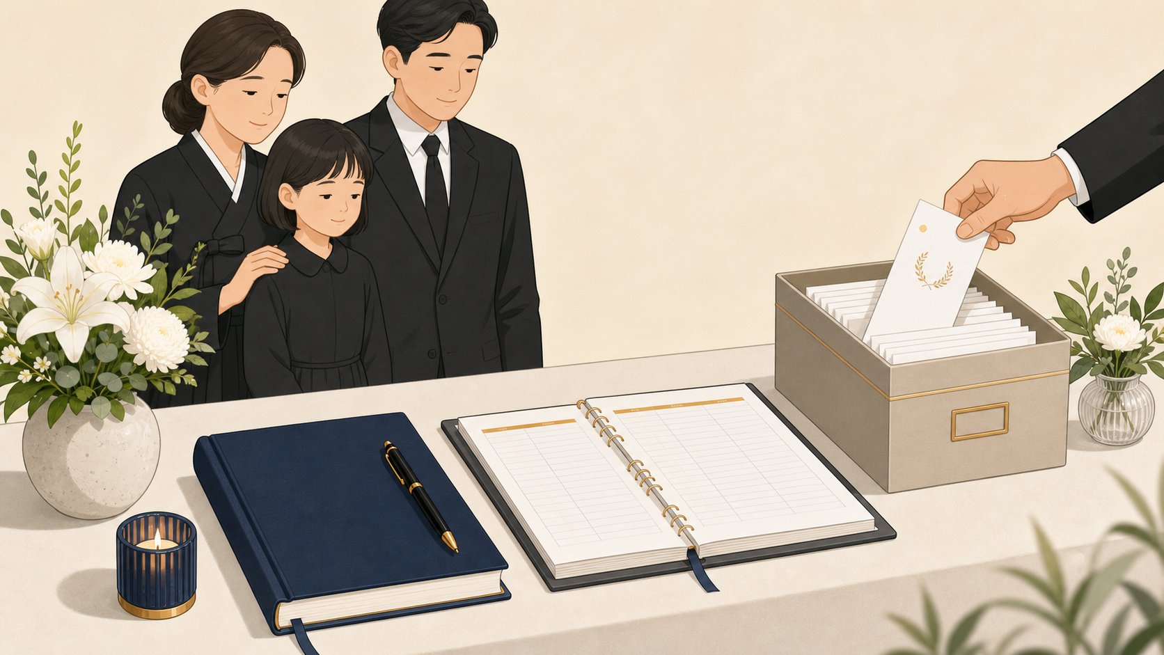 접수대에 방명록과 부의록이 나란히 놓이고 번호를 매긴 봉투를 보관함에 정리해 넣는 손을 담은 차분한 장면