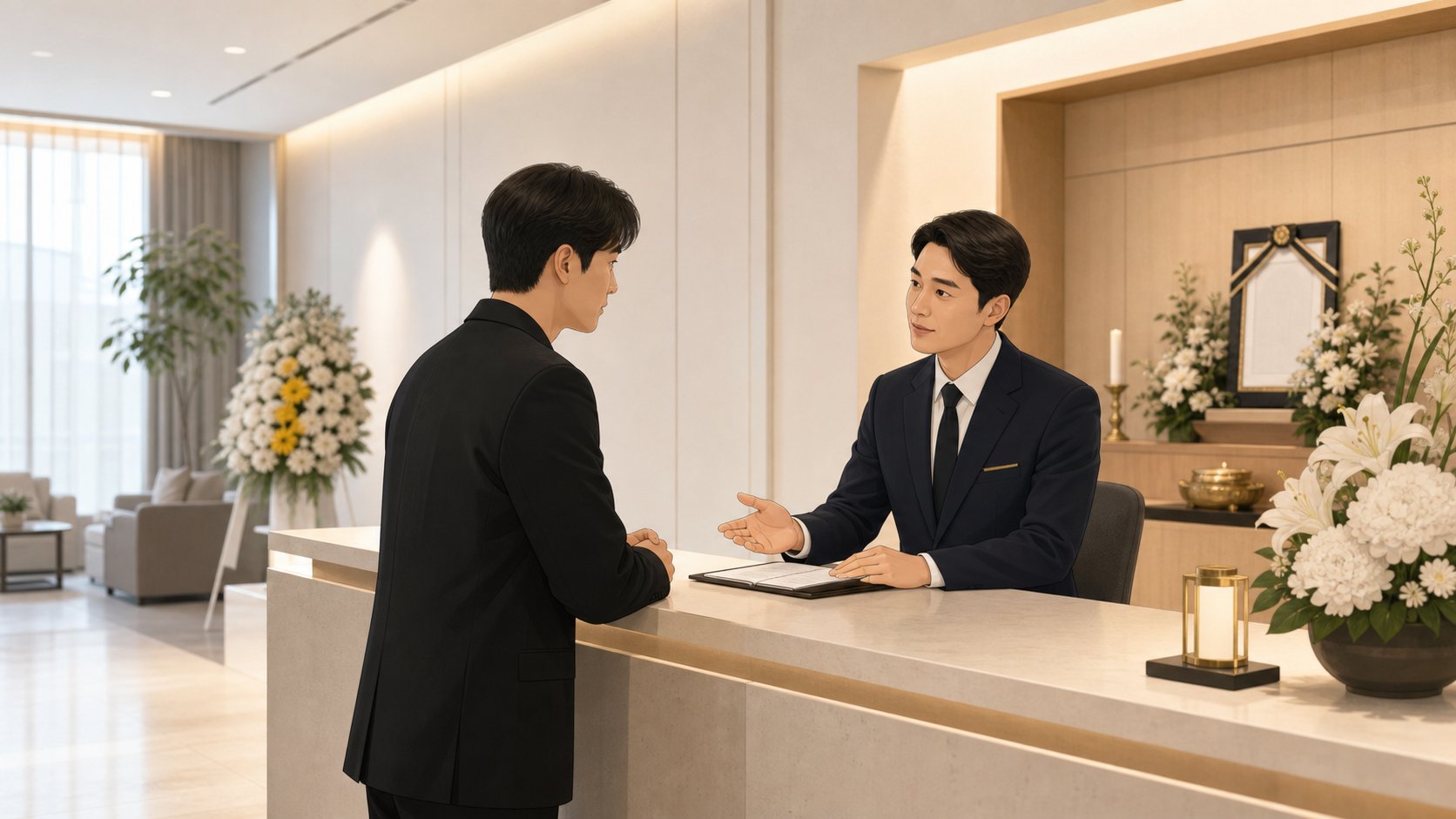 장례식장에 막 도착한 자녀가 빈소 안내데스크에서 장례지도사와 남은 절차를 상의하는 장면