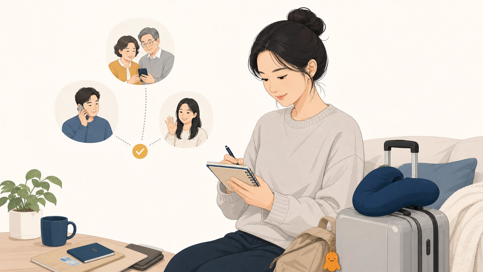 자녀가 이동 중 휴대폰으로 필요한 서류 목록과 부고 알릴 사람을 정리하며 메모하는 장면