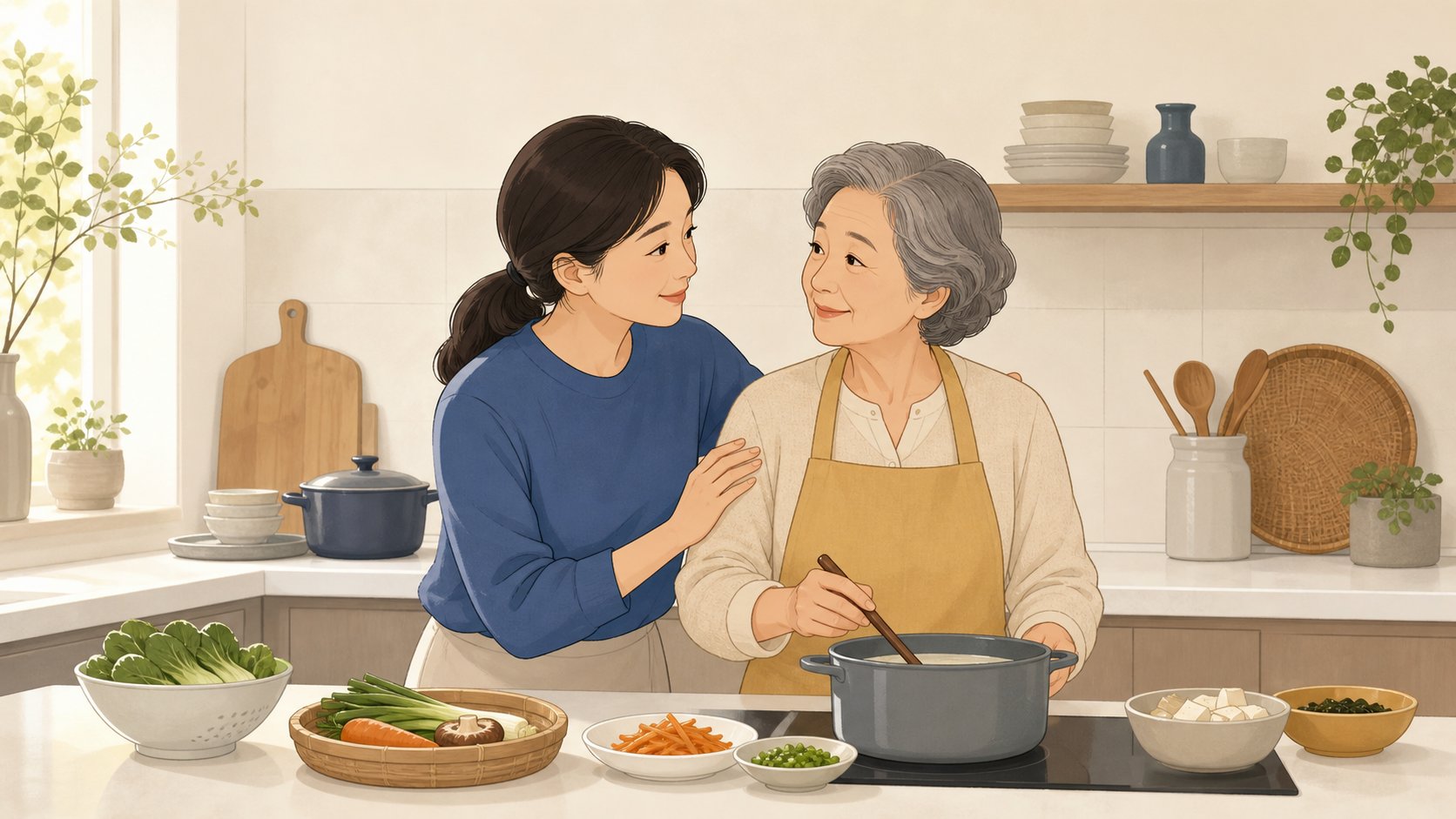 자녀가 홀로 남은 부모의 집을 방문해 함께 식사를 준비하며 안부를 챙기는 장면