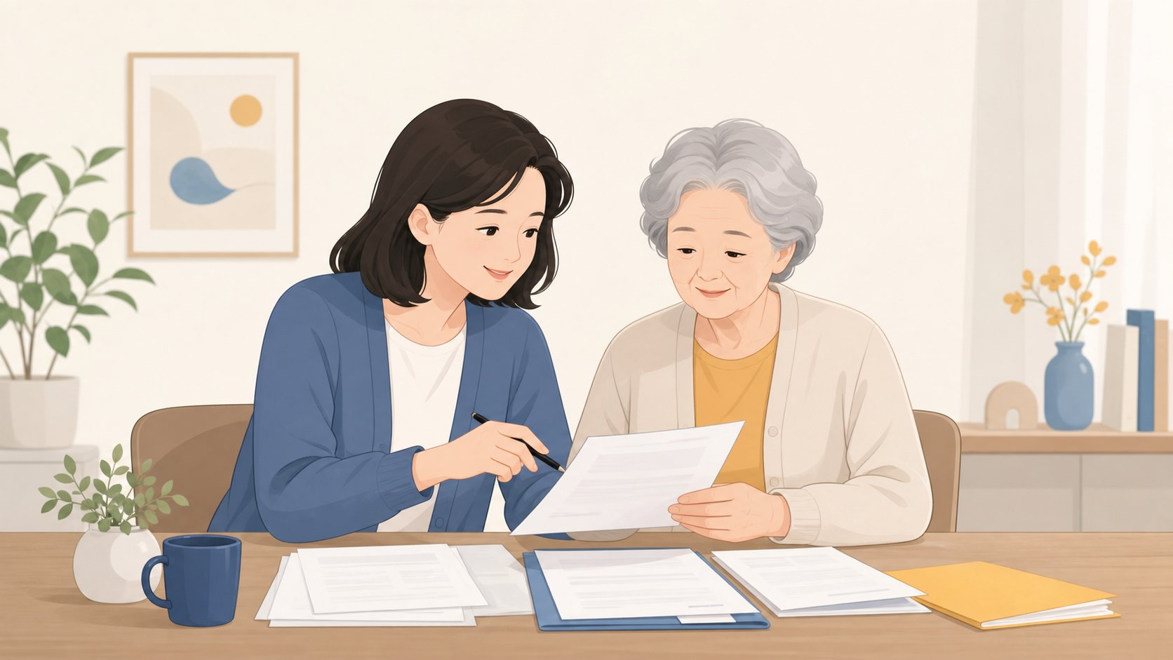 자녀가 노부모 곁에 앉아 서류를 함께 살펴보며 행정 절차를 도와드리는 장면