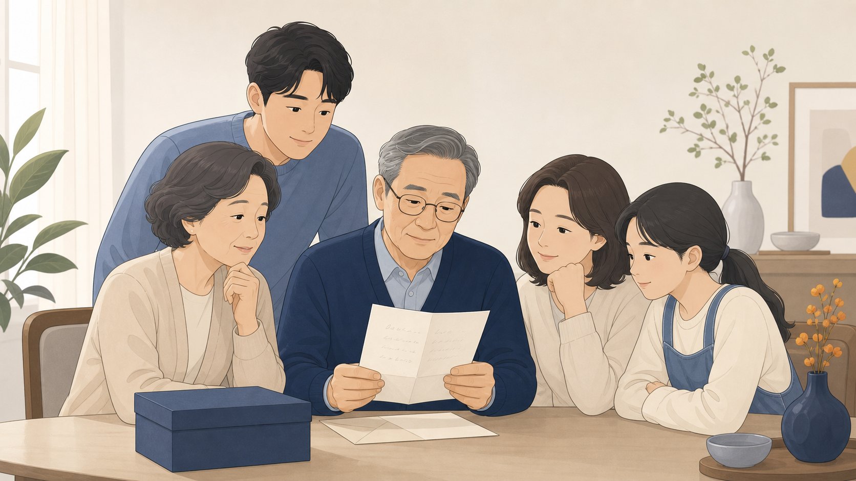 가족이 고인이 생전에 남긴 메모를 함께 들여다보며 뜻을 확인하는 차분한 장면
