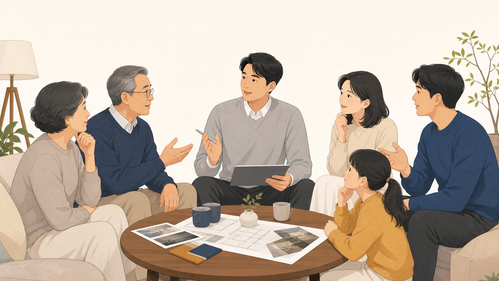 가족이 둘러앉아 각자 의견을 말하고 한 사람이 이야기를 정리하며 결정을 이끄는 장면