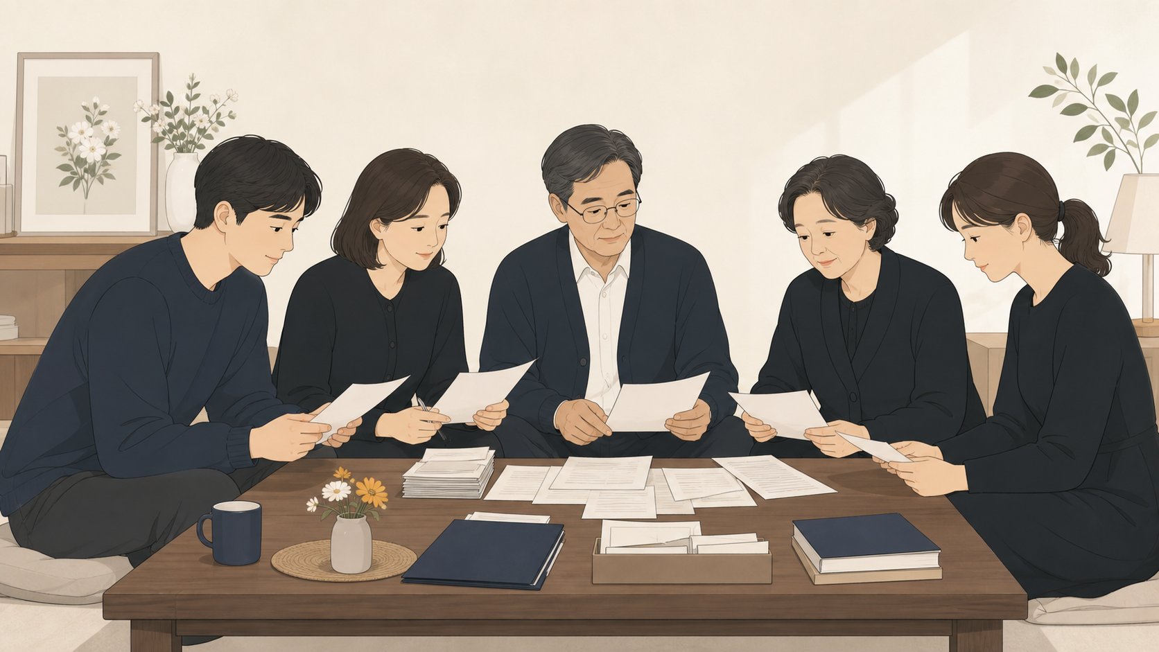 발인을 마친 가족이 차분한 자리에서 기록과 영수증을 함께 보며 비용을 정산하는 장면