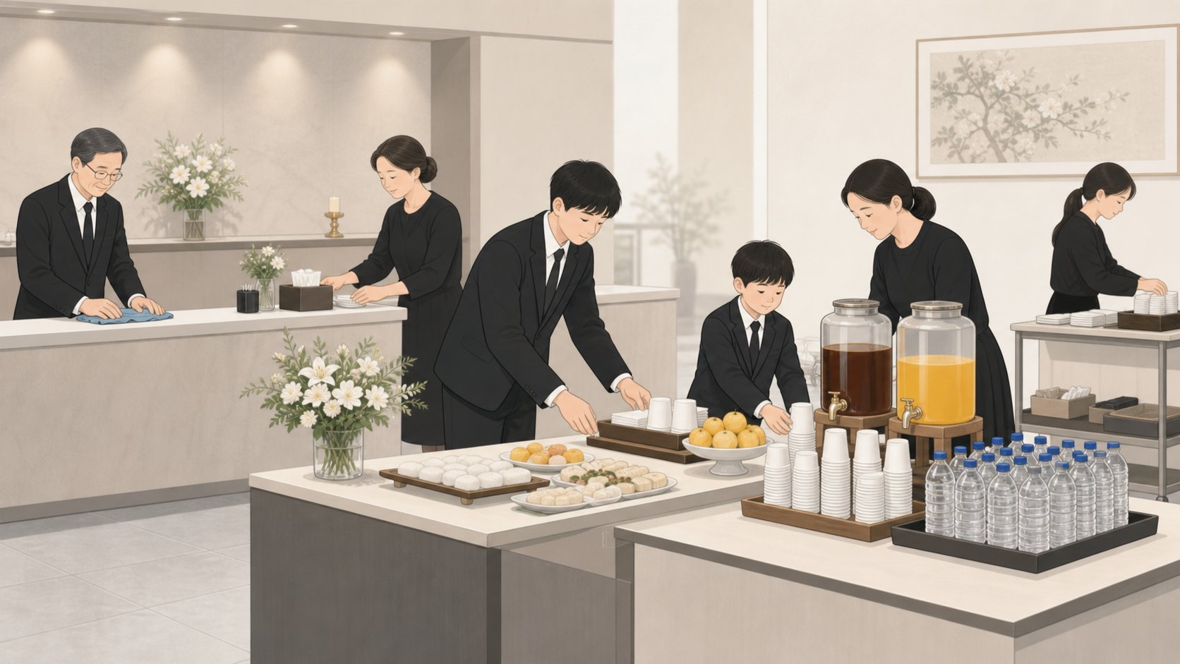 빈소 접객실에서 가족이 음식과 음료를 보충하고 접수대를 정리하며 관리하는 장면
