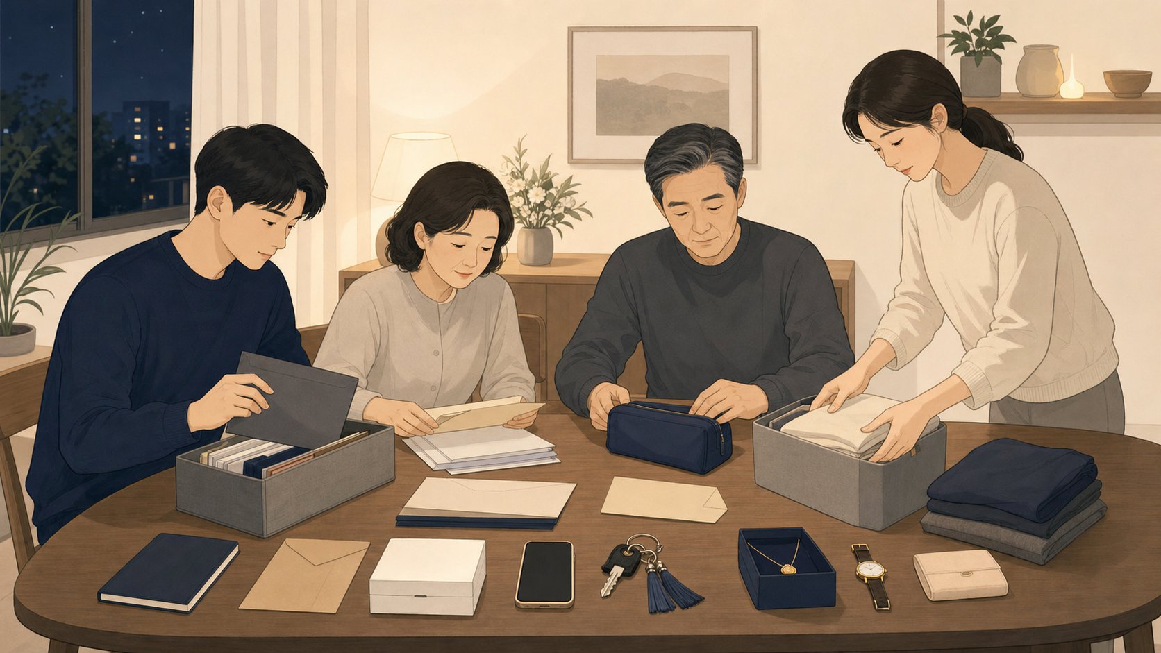 발인 전날 밤 가족이 필요한 서류와 물품을 한곳에 모아 두고 다음 날을 준비하는 장면