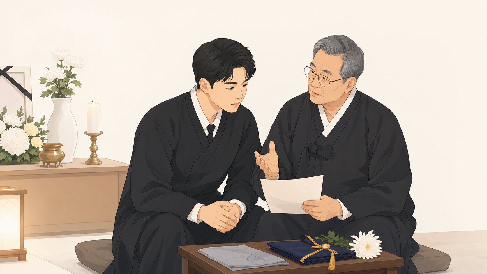 젊은 상주가 경험 많은 친척 어른과 나란히 앉아 장례 절차를 상의하며 조언을 듣는 장면
