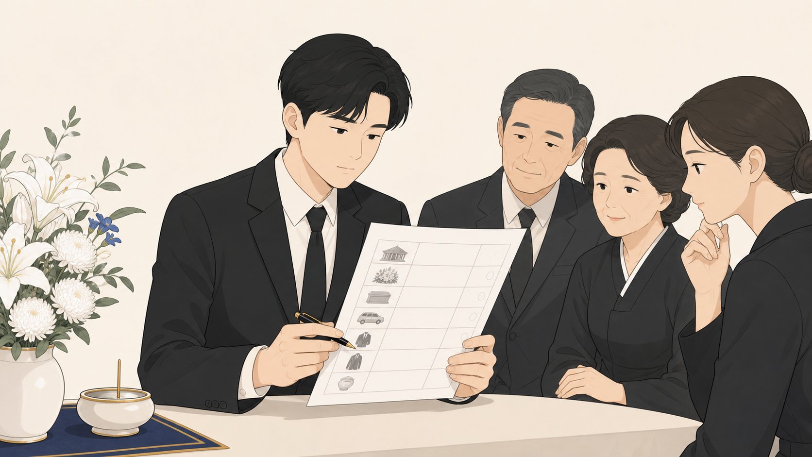 젊은 상주가 장례식장 견적서를 손에 들고 항목을 하나씩 차분히 확인하는 장면