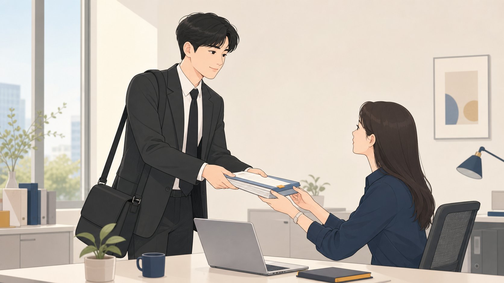 젊은 상주가 노트북 앞에서 동료에게 급한 업무를 인수인계하고 장례로 향하는 장면