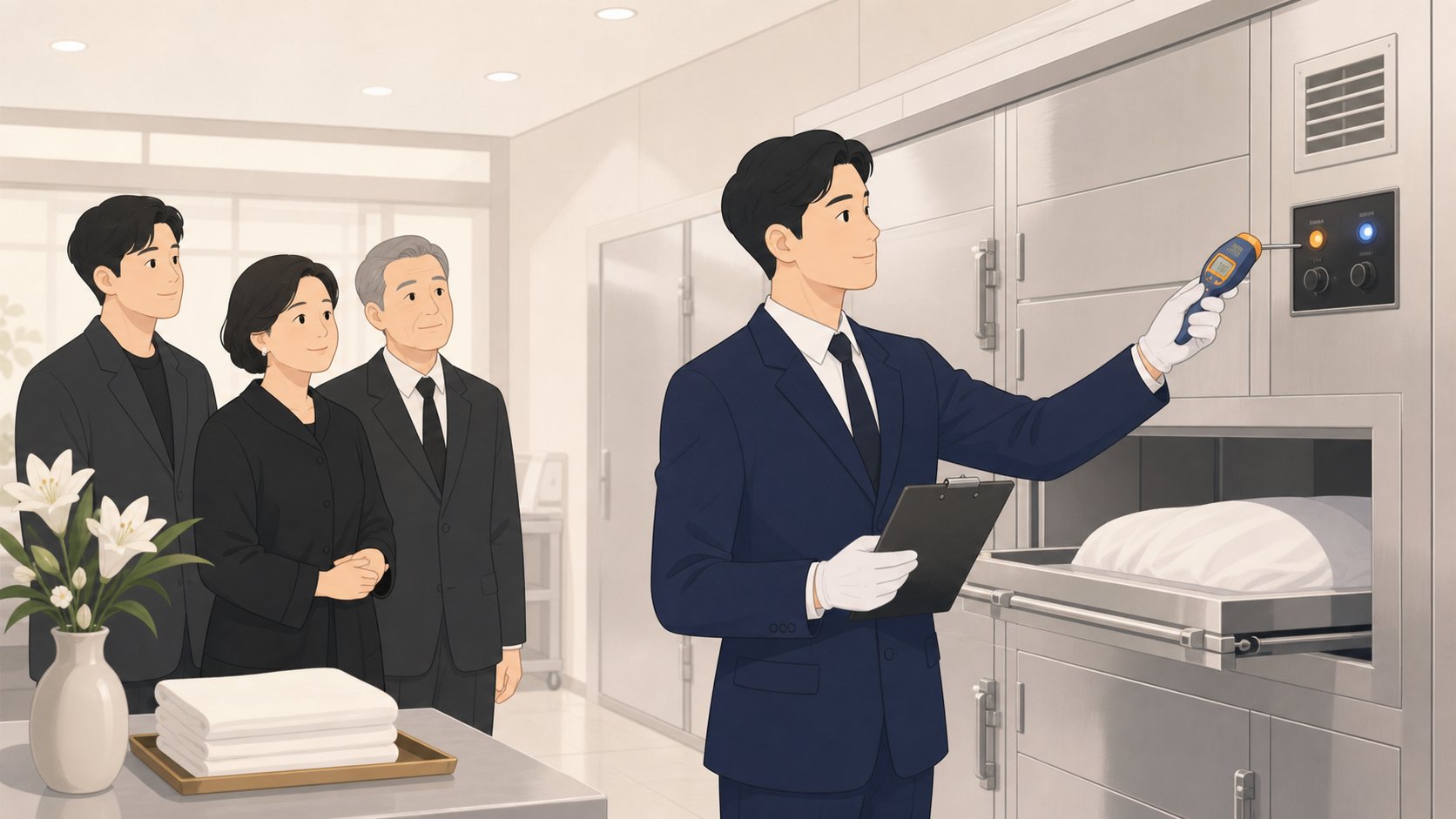 장례식장 직원이 저온 안치실 온도계와 설비를 점검하는 단정한 장면