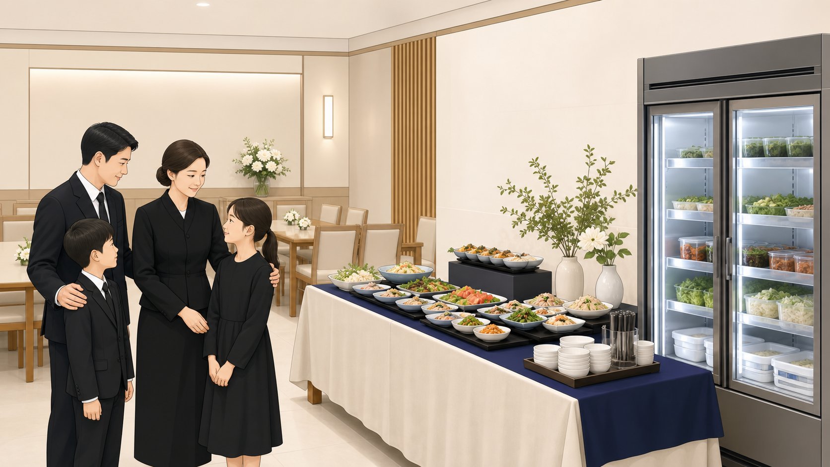 빈소 접객실에서 신선하게 소량씩 차려진 음식과 냉장 보관 안내가 보이는 위생적인 장면