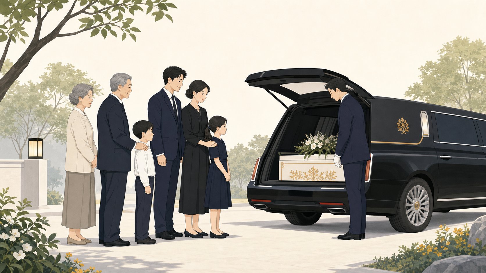 이른 아침 선선한 시간, 운구 차량 앞에 모인 가족과 정돈된 발인 준비 장면