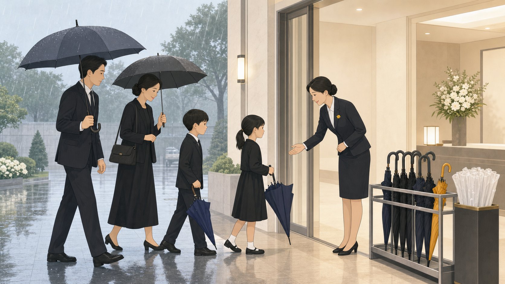 비 오는 날 우산을 쓴 조문객들이 장례식장 입구 우산꽂이 앞에서 실내로 안내받는 차분한 장면
