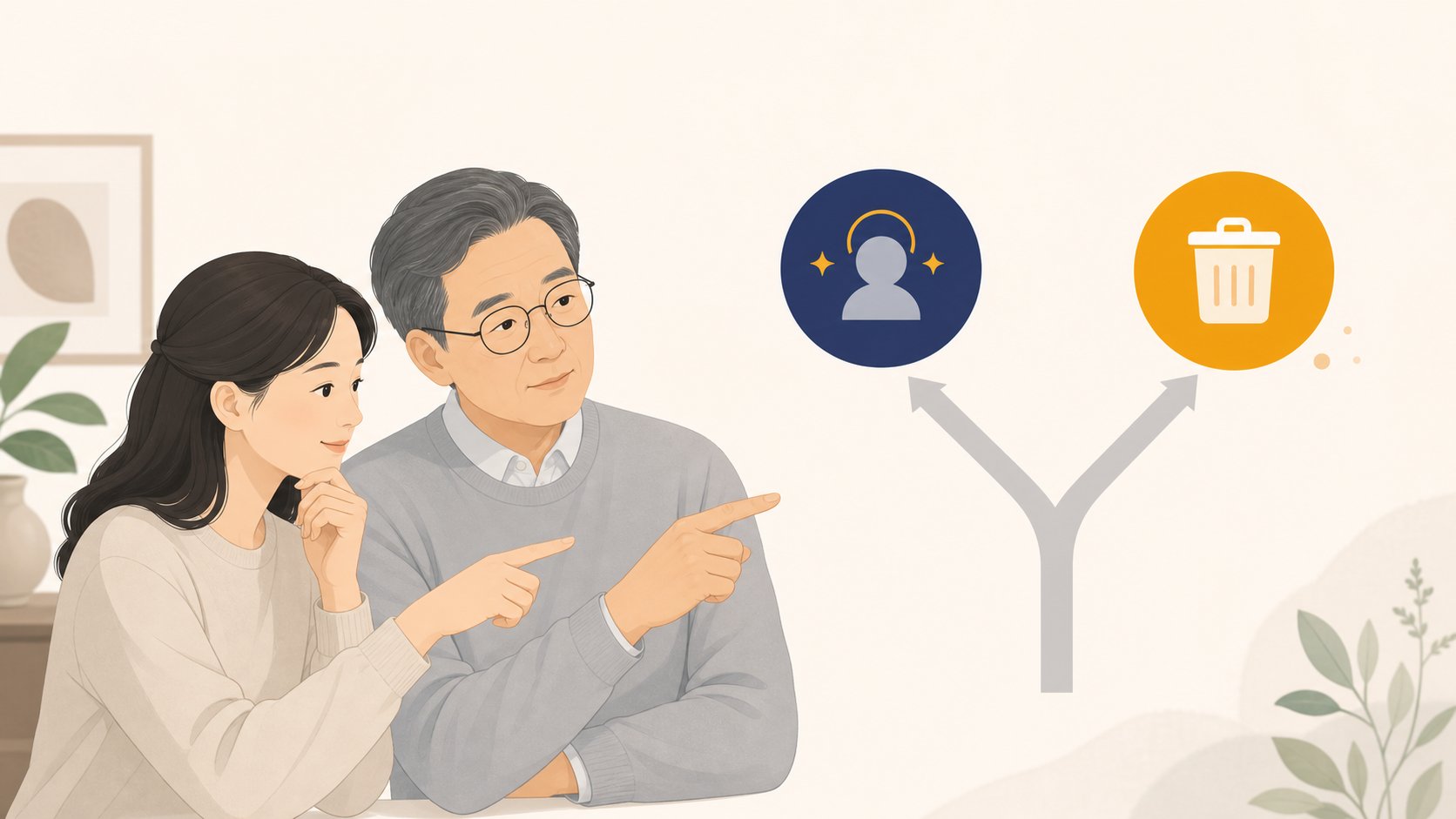 갈림길처럼 두 방향으로 나뉜 단순한 도표를 손가락으로 가리키며 추모계정 전환과 삭제 중 무엇을 택할지 상의하는 두 사람