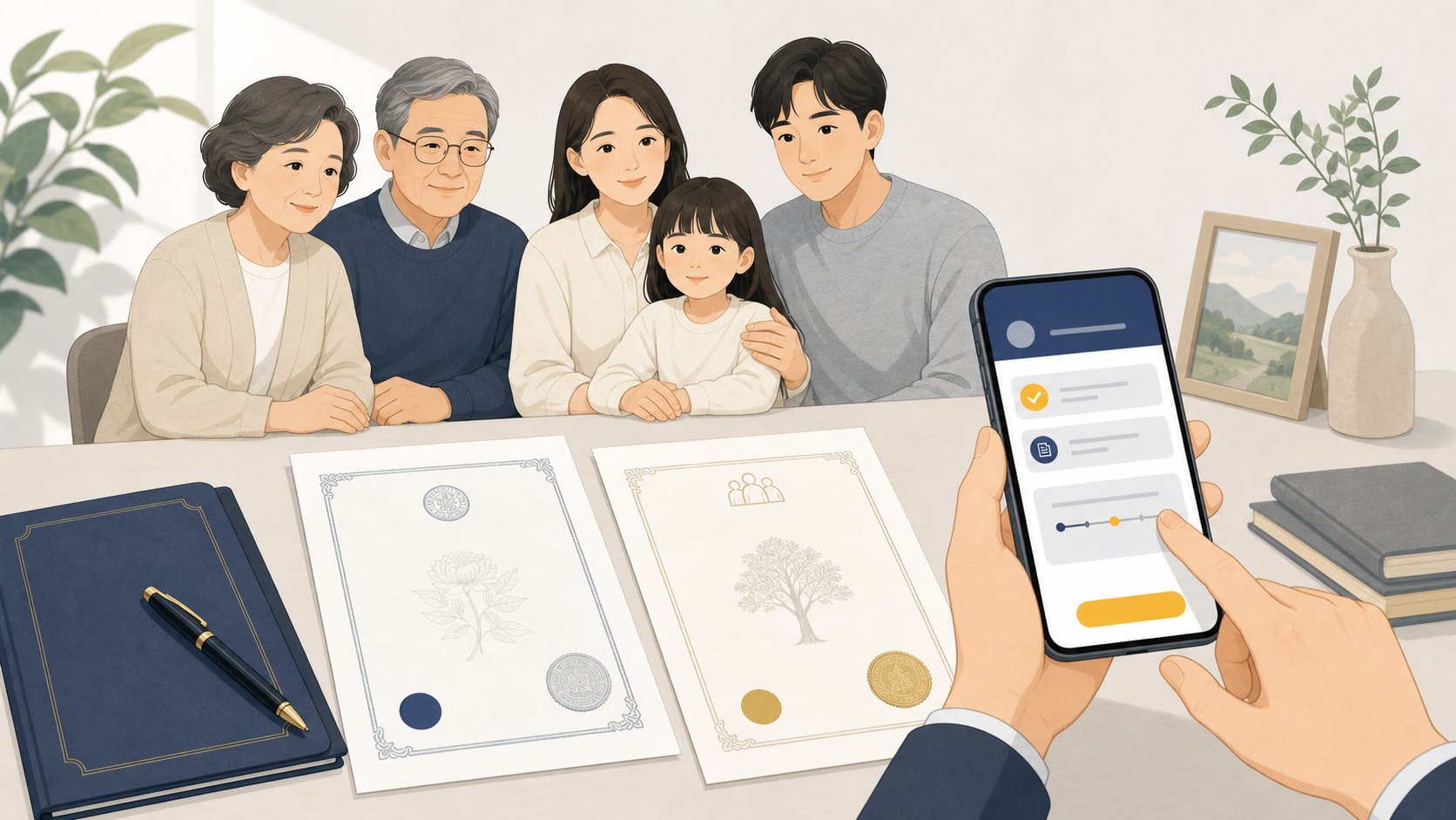 책상 위에 사망진단서와 가족관계증명서 등 서류가 가지런히 놓여 있고 그 옆에서 휴대폰으로 신청 화면을 확인하는 손
