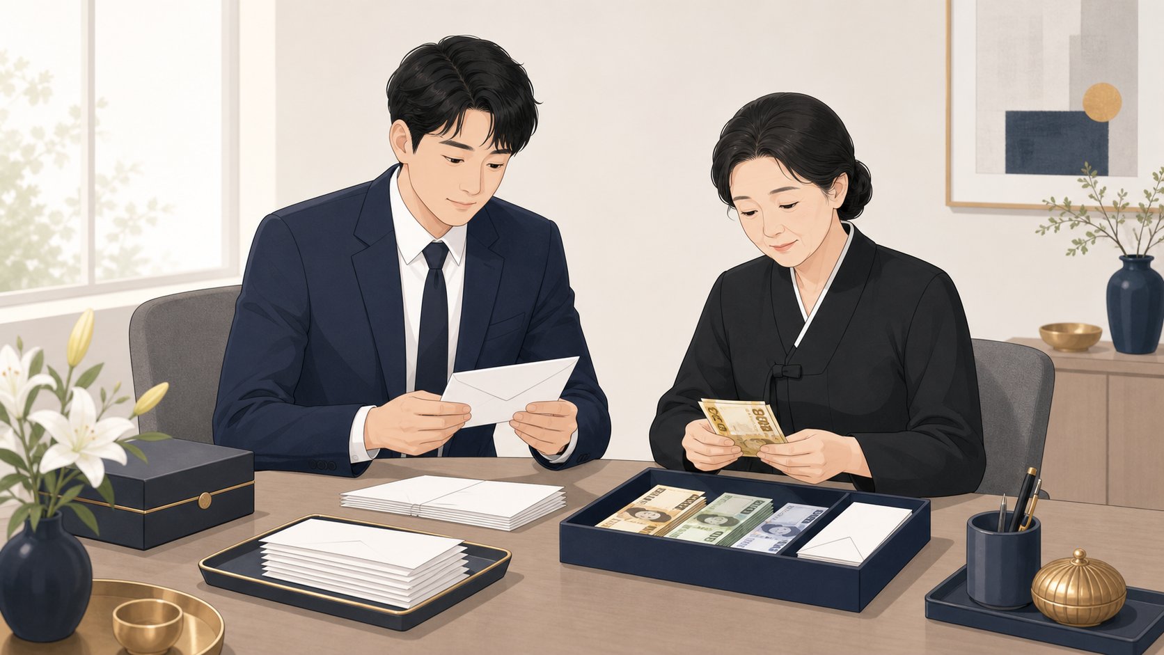 유족 두 사람이 부의봉투를 함께 확인하며 안쪽 사무실에서 정리하는 차분한 장면