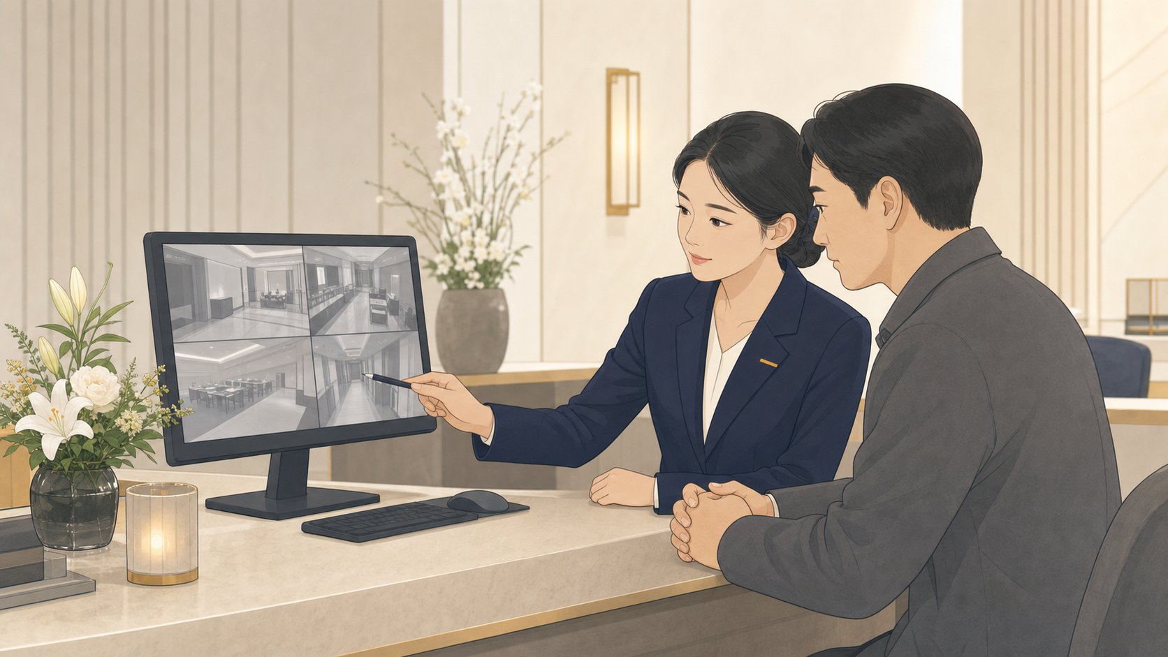 장례식장 안내데스크에서 직원과 유족이 함께 CCTV 화면을 차분히 확인하는 장면