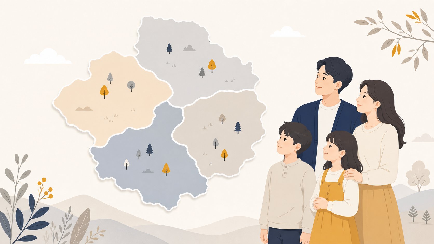 대전 세종 충북 충남 네 권역을 단순한 형태로 나눈 차분한 지도 위에 나무 모양 아이콘이 부드럽게 표시된 이미지