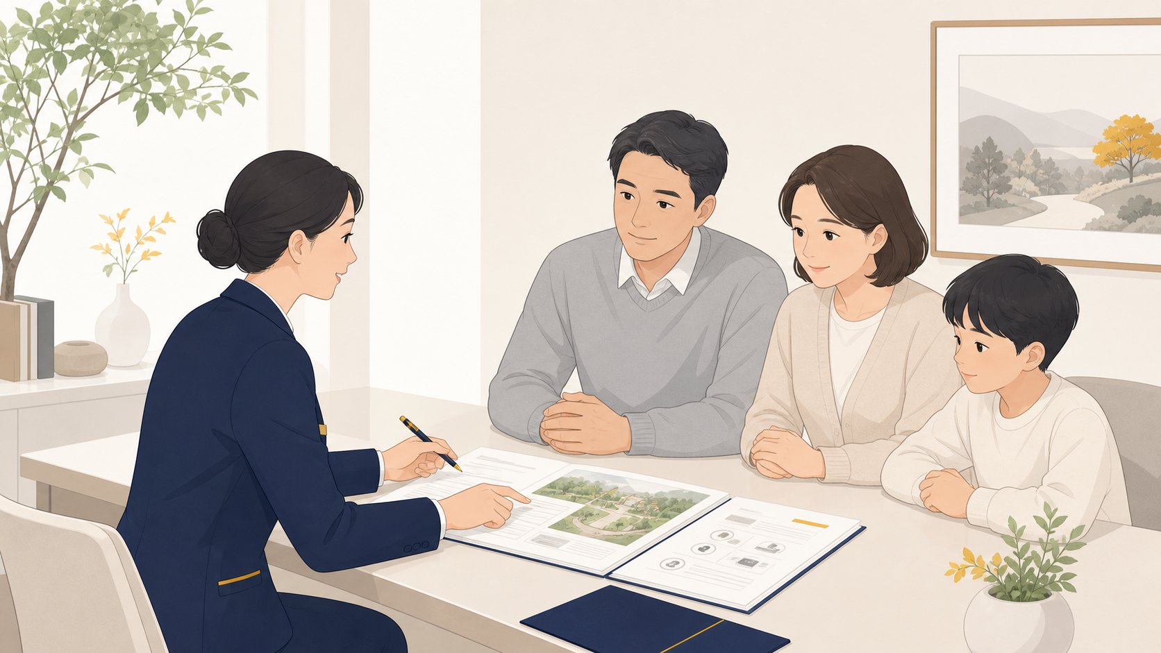 밝은 상담 창구에서 직원이 서류를 안내하고 가족이 차분히 설명을 듣는 자연장 신청 상담 장면