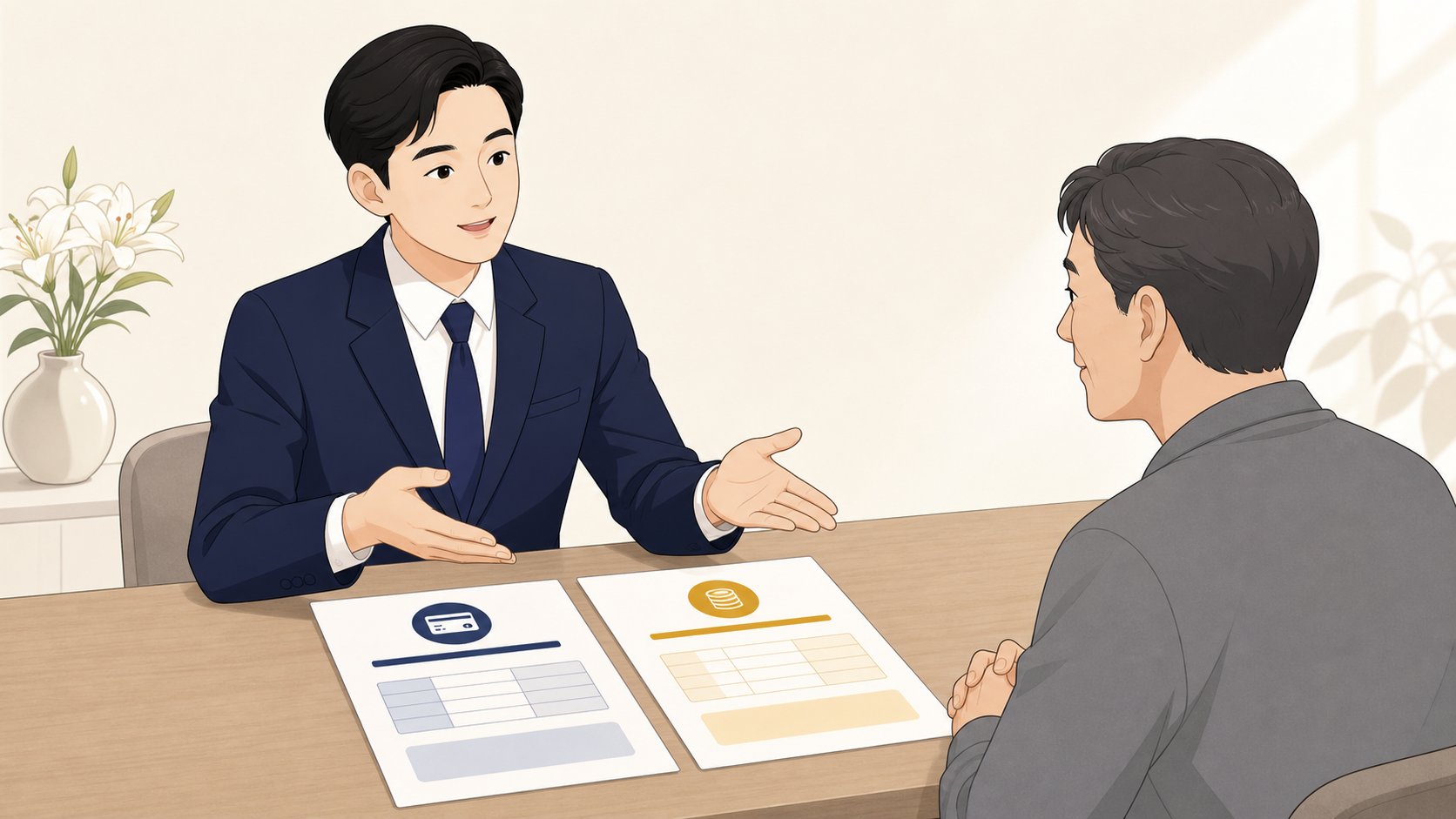 상담 데스크에서 상담사가 적립형과 후불제 방식의 차이를 손짓으로 설명하는 모습