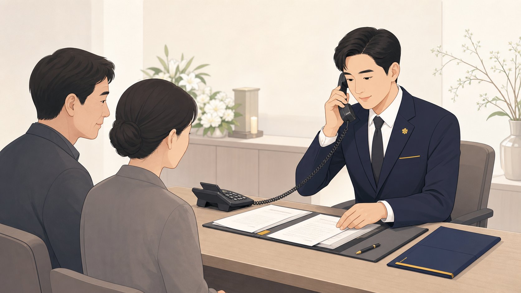 장례지도사가 유족에게 전화로 후불제 진행 방법을 안내하며 서류를 준비하는 모습