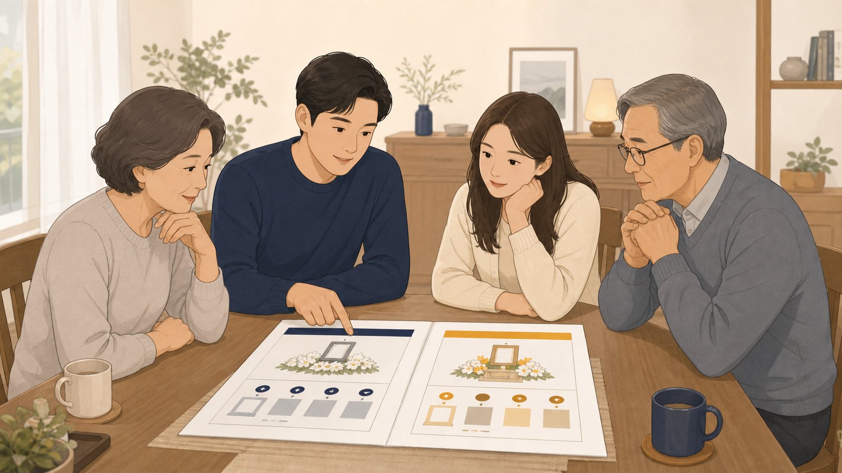 가족 네 명이 식탁에서 두 가지 장례 진행 방식을 비교하며 상의하는 모습