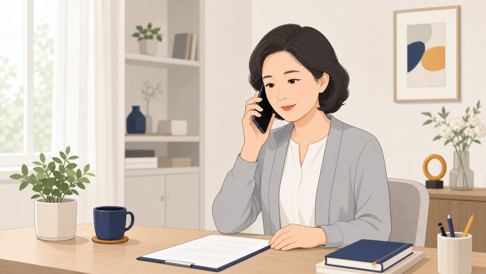가족이 전화로 상조 회사 고객센터에 남은 계약의 잔액과 조건을 문의하는 모습