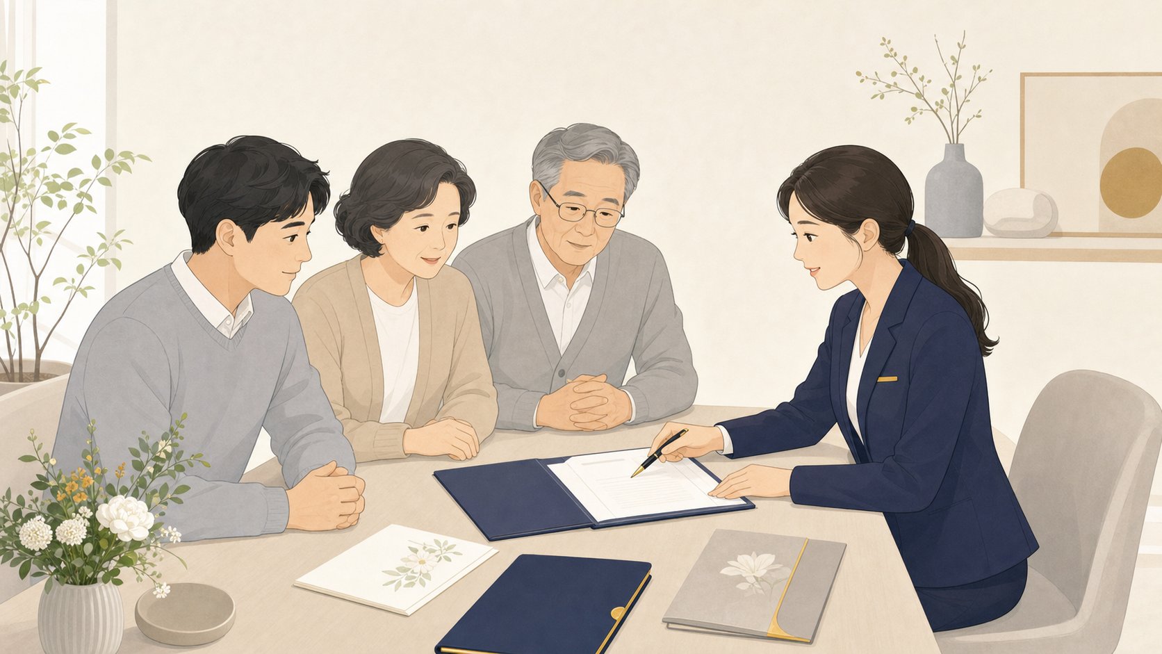 가족이 상담 테이블에서 상담사와 남은 상조 계약 정리 방법을 검토하는 모습