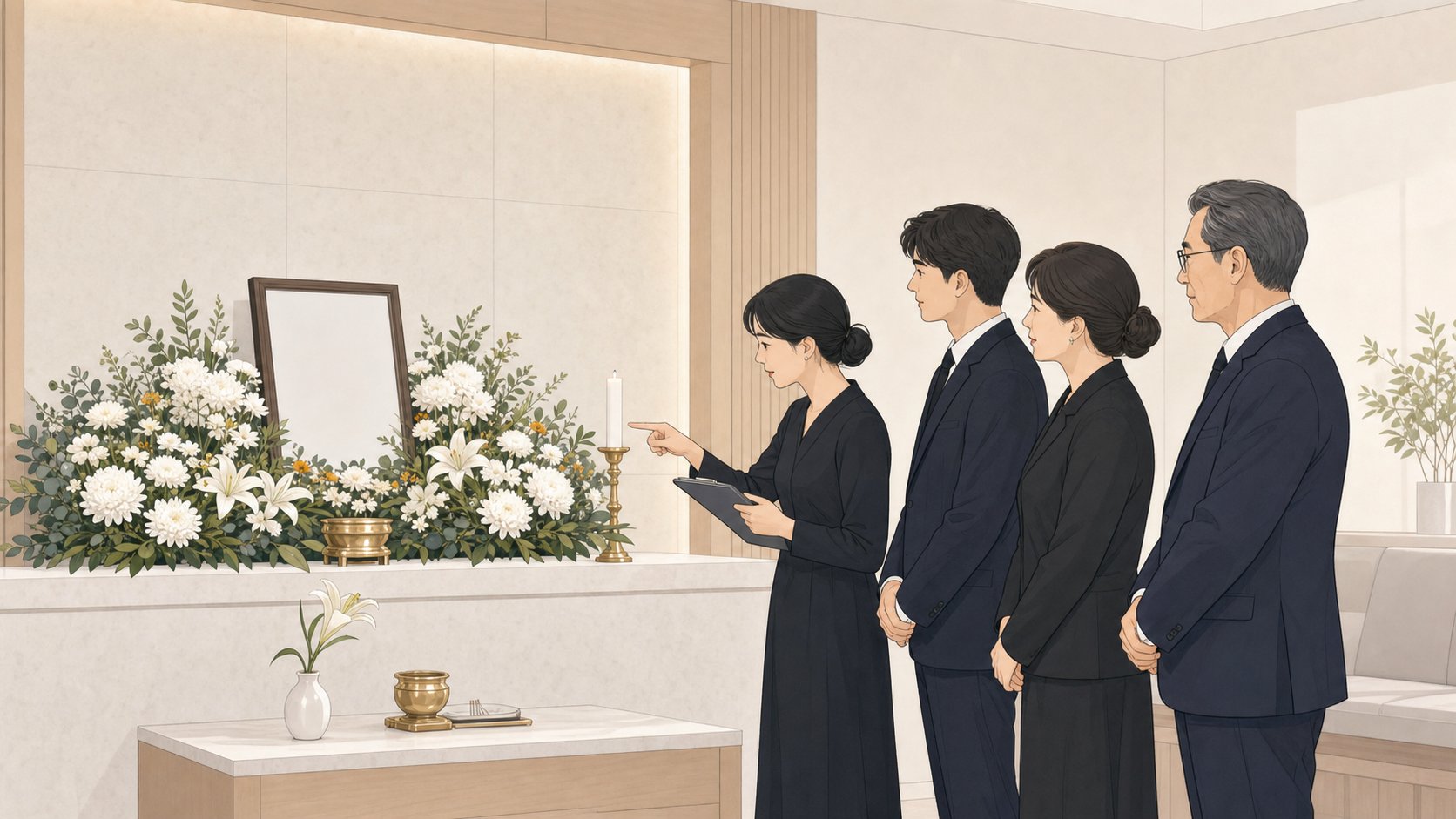 빈소 제단과 꽃 장식 앞에서 가족이 계약한 등급과 맞는지 살펴보는 모습