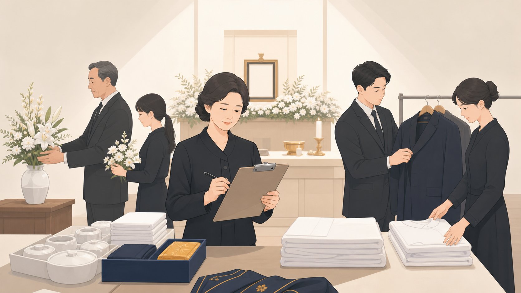 상주 가족이 역할을 나눠 한 사람이 물품 점검표를 들고 확인하는 모습