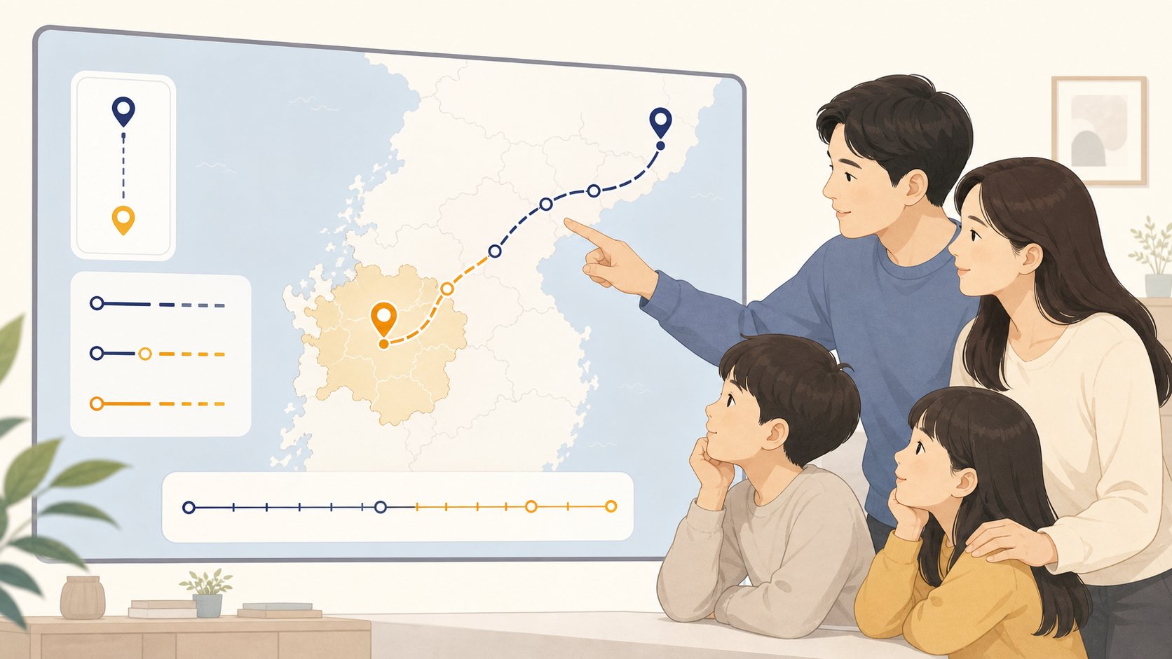 지도 위에 타지역과 충청도를 잇는 이동 경로와 거리 구간이 표시된 정보 화면