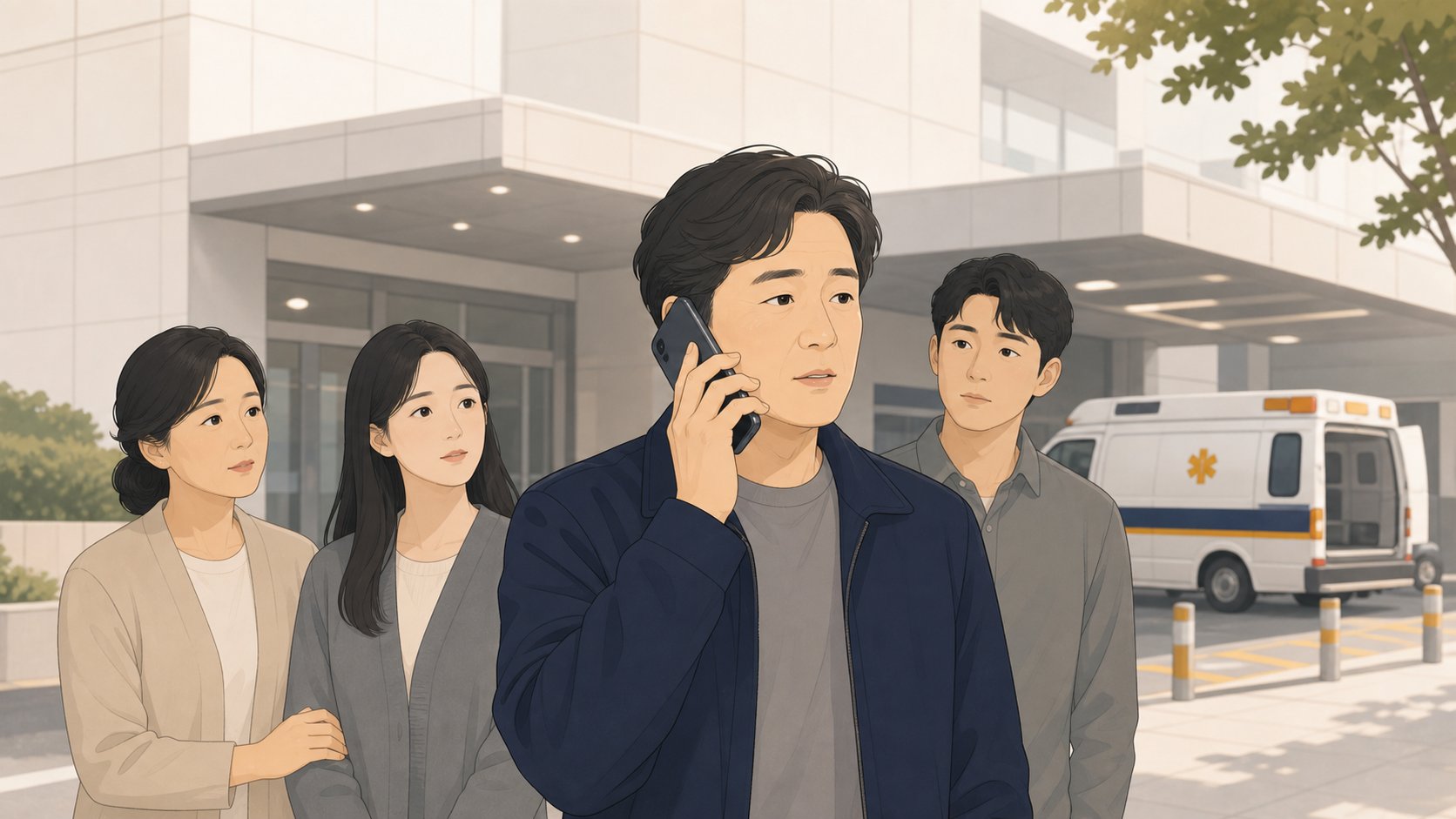 타지역 병원 앞에서 가족이 전화로 충청도까지 이송을 요청하는 모습