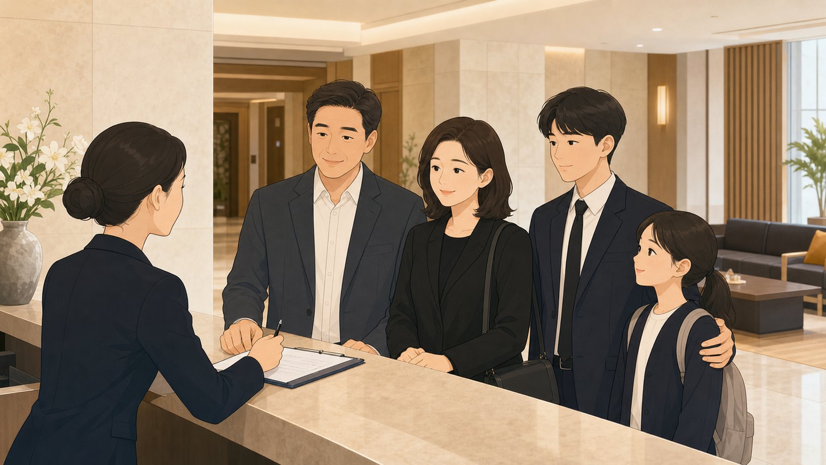 충청도 장례식장 안내데스크에서 가족이 빈소 배정을 확인하며 안도하는 모습