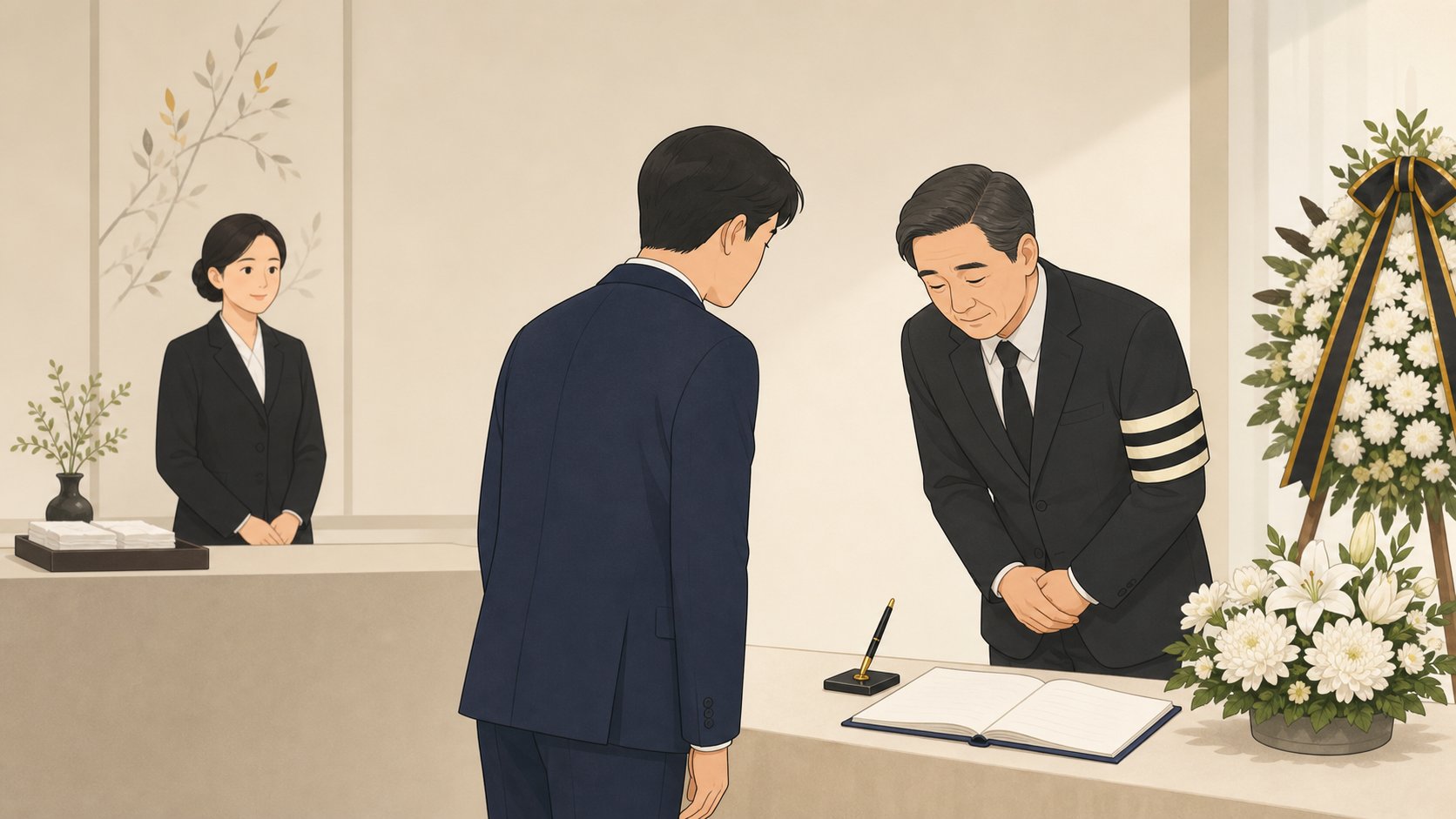 상주가 방명록 앞에서 조문객을 맞이하며 인사하고 도우미가 접객을 돕는 모습