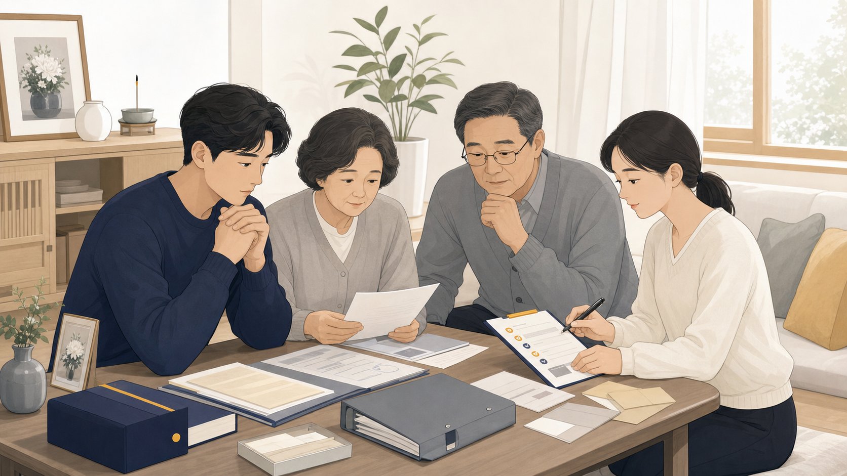 발인 후 가족이 집에서 사망 관련 서류와 정리할 목록을 함께 살펴보는 모습