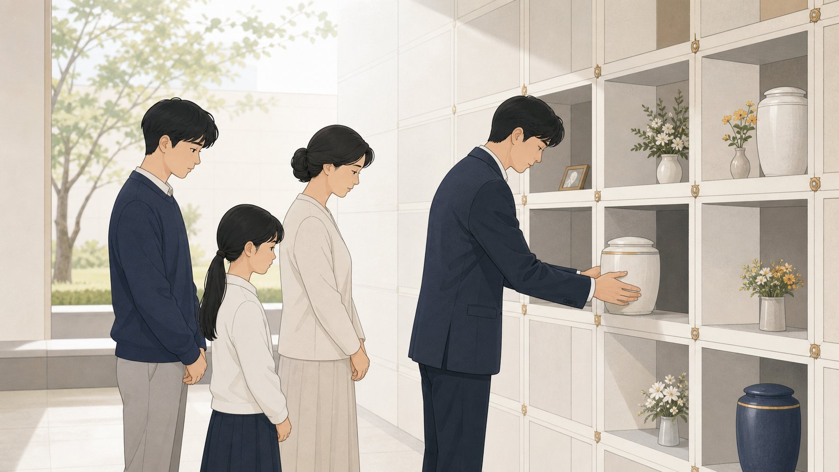 봉안당에서 가족이 유골함을 안치하며 조용히 예를 갖추는 모습