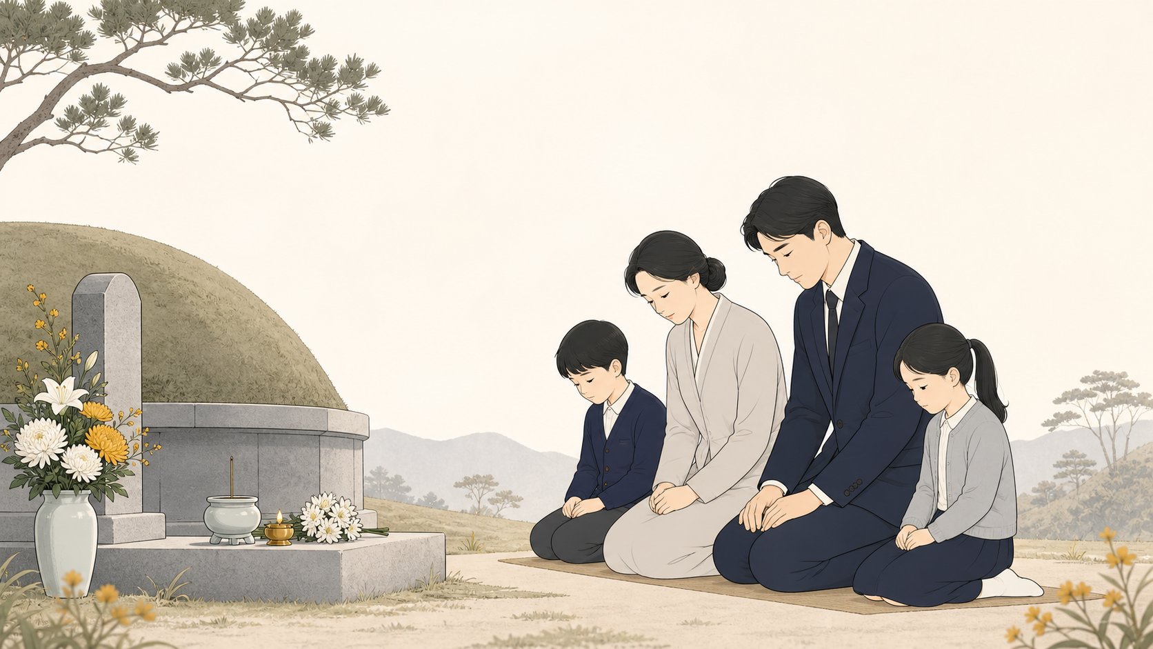 삼우제를 위해 가족이 장지를 다시 찾아 조용히 예를 갖추는 모습